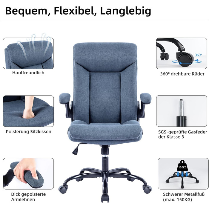 Ергономічне офісне крісло, комп&39ютерне крісло, стілець для столу, обертове робоче крісло з відкидними підлокітниками, регульована висота, зручне для офісу, дому, ігор (темно-синій), синя тканина