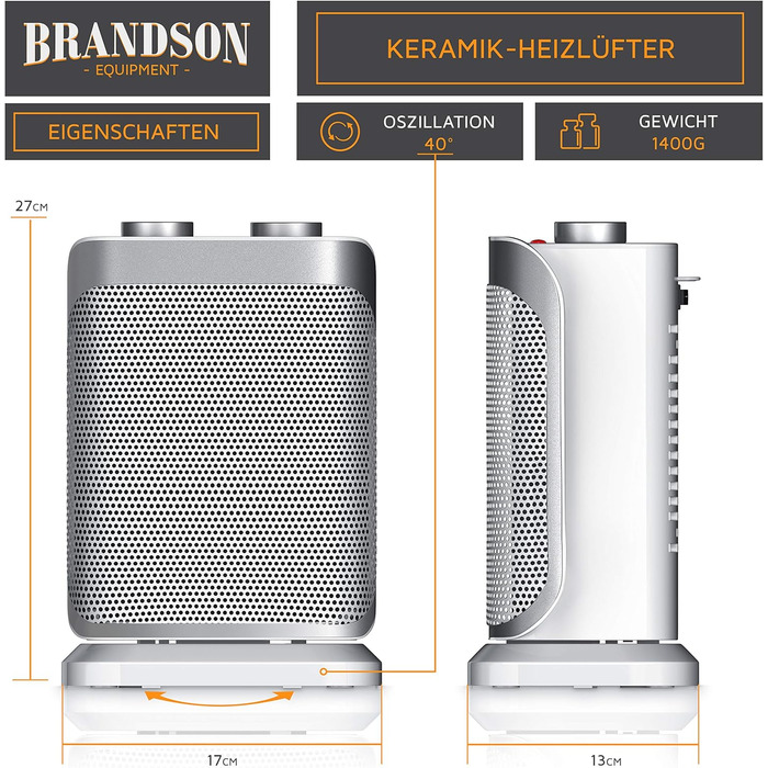 Енергозберігаючий, тихий вентилятор-обігрівач - 1500 Вт - 2 рівні потужності - Вентилятор-обігрівач для ванної кімнати - Плавне регулювання температури - Керамічний нагрівальний елемент - Термічний запобіжник - Нагрівач D Сріблястий / Білий