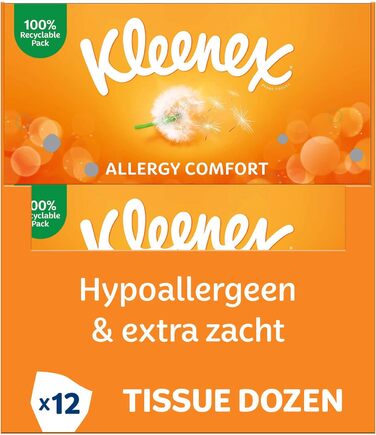 Коробка косметичних серветок Kleenex Allergy Comfort, носові хустинки для алергіків, 12 коробок 56 паперових носових хусток, 3-шарова, гіпоалергенна, оптова упаковка 672 шт. и (1 упаковка)