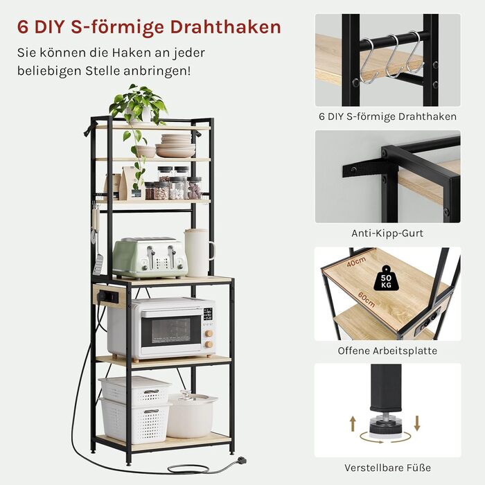 Кухонна полиця WOLTU на 6 рівнів з розетками, полиця для мікрохвильової печі з 6 гачками, полиця для пекаря з металевим каркасом, регульована полиця, чорнийсвітлий дуб, 60 x 167 x 40 см чорнийсвітлий дуб 60 x 39,5 x 167 см
