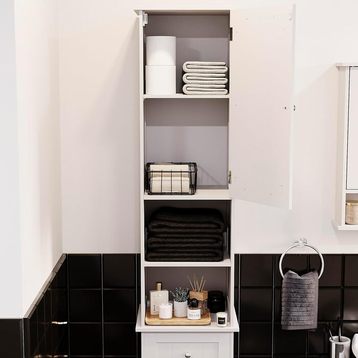 Висока шафа для ванної кімнати Vida Priano з дзеркалом, шафа для зберігання речей, висока підлогова шафа, білий колір Milano, висока біла