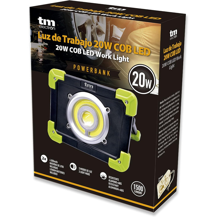 Портативний робочий ліхтар TM Electron TMTOR020 з надяскравим світлодіодним COB-світлодіодом 20 Вт та зовнішнім акумулятором 4000 мАг 20 Вт зовнішній акумулятор