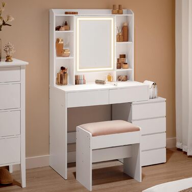 Колекція Kailyn - Туалетний столик зі світлодіодним освітленням, 3 регульовані кольори світла, туалетний столик з дзеркалом, шухляди, відкриті відділення, з табуретом, регульовані полиці, хмарно-білий RDT125W01 Сучасний 97.5W см