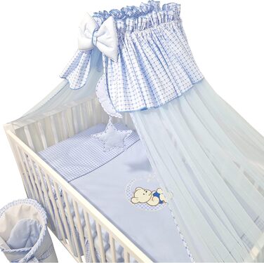 Предметний комплект дитячого ліжечка/ліжечка та постільної білизни Happy Leo, включаючи матрац, регульована висота для новонароджених, немовлят та малюків, виготовлений з масиву дерева, вишитий (Teddy Bear Moon Blue), 13-