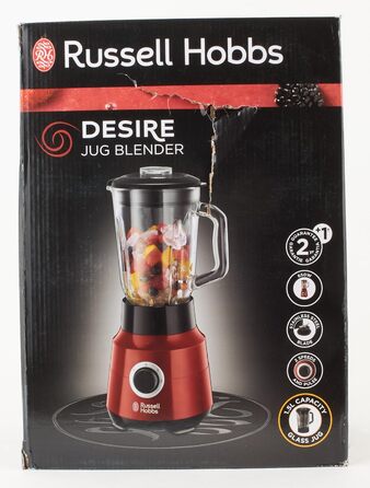 Міксер Russell Hobbs скляний контейнер 1,5 л Desire Red (потужний двигун 0,9 к.с., функція імпульсу/подрібнення льоду, ніж з нержавіючої сталі, блендер без бісфенолу А, електричний подрібнювач, смузі-машина) 24720-56