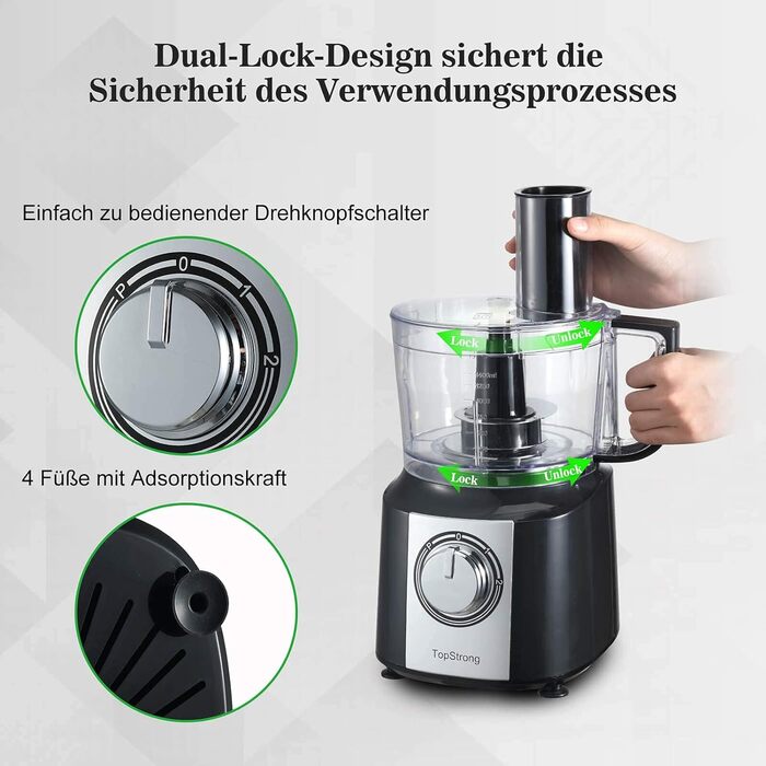 Кухонний комбайн TopStrong, подрібнювач кухонного комбайна 800 Вт, кухонний комбайн 2 л, мультиподрібнювач, компактний кухонний комбайн з 3 ріжучими дисками, подрібнювач, тістомісильна машина для збивання, вінчик чорний і сріблястий