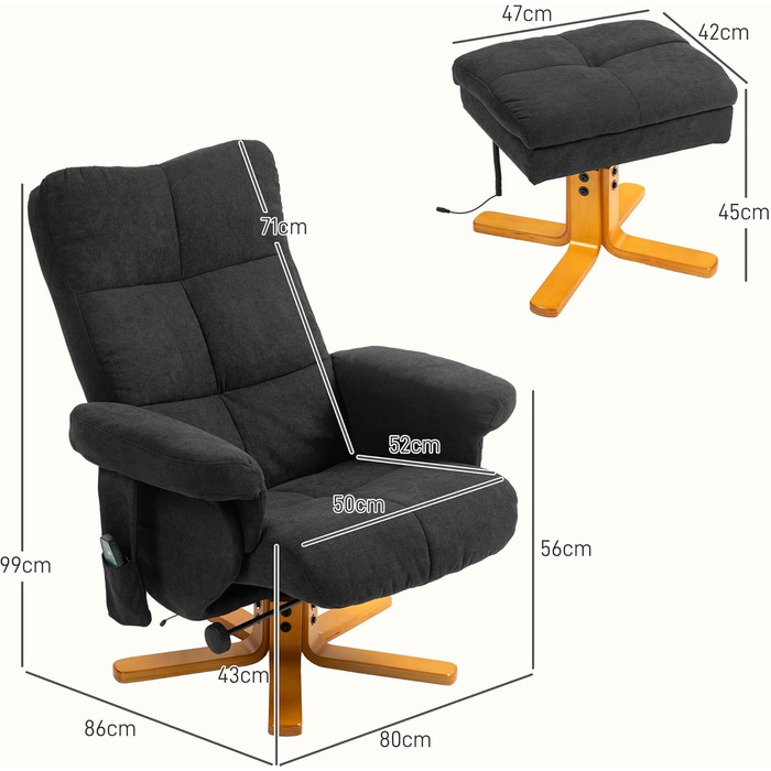 Масажне крісло HOMCOM з підставкою для ніг, місцем для зберігання речей, поворотним на 360 електричним кріслом-реклайнером з функцією відкидання, кріслом для телевізора з бічною кишенею та пультом дистанційного керування для вітальні, штучна шкіра, чорний