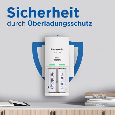 Компактний зарядний пристрій eneloop, для 1-2 нікель-металгідридних акумуляторів типу AA/AAA, час заряджання 10 годин, 9 функцій безпеки, включаючи 2 акумулятори eneloop типу AA (2000 мАг), зарядний пристрій з 2 акумуляторами eneloop типу AA