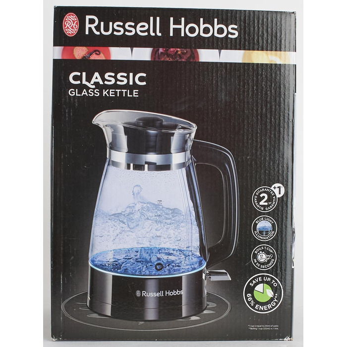 Чайник Russell Hobbs 1,7 л, 2400 Вт, оптимізований скляний вилив, світлодіодне освітлення Класичний дизайн (скороварка, знімна кришка, фільтр від накипу, основа з нержавіючої сталі)26080-70