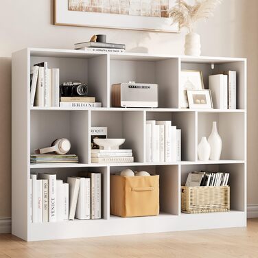 Книжкова полиця, окремостояча полиця з 3 рівнями та 10 полицями, книжкова шафа, 29,3 x 110 x 84 см, кубічна полиця для вітальні, офісу, спальні, кабінету (1, білий) Білий 1