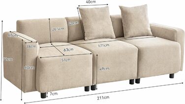 Місний диван, диван 211 см з функцією сну, шеніловий диван з 2 подушками, м&39які меблі для вітальні, спальні (кремовий) кремового кольору, 3-