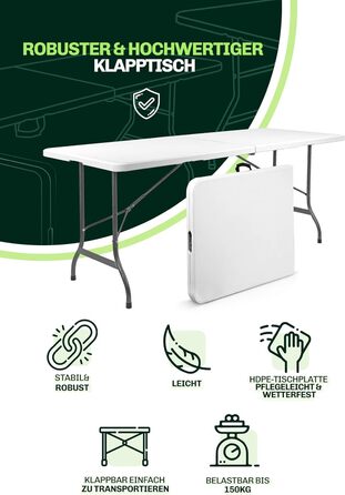 Складаний кемпінговий стіл Blumixx 180x74x74 - Легкий складаний стіл з ручкою для перенесення, всепогодний садовий стіл, складний фуршетний стіл для кемпінгу, саду, балкону, фестивалю та використання на свіжому повітрі - всепогодний, стабільний та легкий,