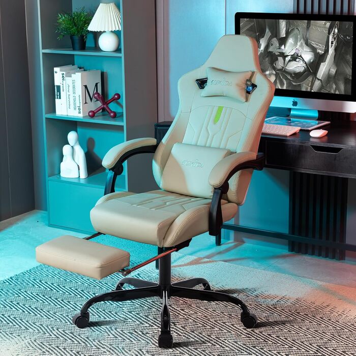 Ігрове крісло SUKIDA, ергономічне комп&39ютерне крісло з підставкою для ніг, офісне крісло, ергономічне комп&39ютерне крісло з поперековою опорою, бежевий колір