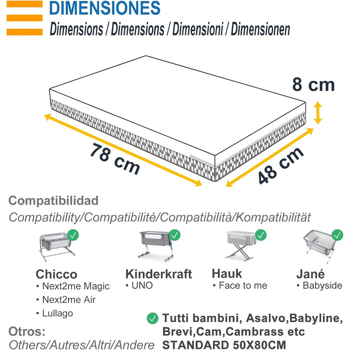 Матрац PEKITAS для дитячого ліжка, 48 x 78 см, товщина 8 см, гібридний, двосторонній, знімний чохол, можна прати, жорсткий, міцний, дихаючий, захист від задухи, дитяче ліжко, ліжко для немовлят