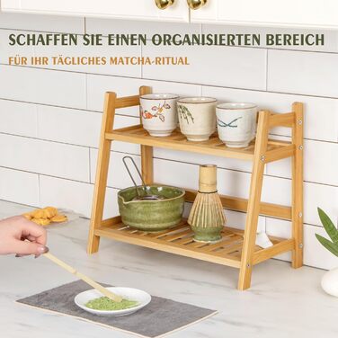 Бамбуковий кухонний органайзер, 2-рівнева полиця для чашок та спецій, підходить для зберігання аксесуарів для матчі та кави на кухні, вдома та в офісі