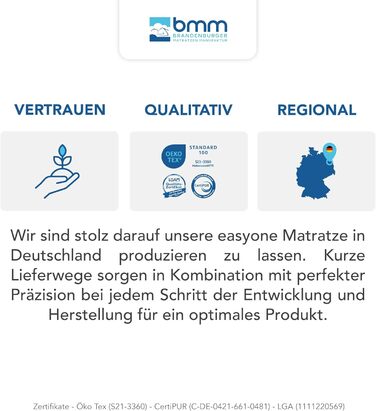 Матрац BMM 90x200 см easyone H3 середньої жорсткості/5-шарова гібридна система пружин Boxspring/Пружинна основа Pocket Springs у поєднанні з піною/Ергономічний 7-зонний матрац, висота 22 см/Матраци Вироблено в Німеччині 90 x 200 см