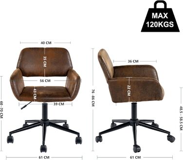 Вінтажне офісне крісло з підлокітниками, поворотне на 360, регульована висота 4555 см, під коричневу шкіру, з колесами для домашнього офісу