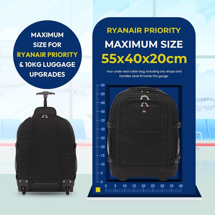 Рюкзак 5 Cities 55 см, сумка на візках, ручна поклажа, легкий, схвалений для використання в кабіні літака, з плечовими ременями, на колесах, валіза, ручна поклажа, чорний колір V2