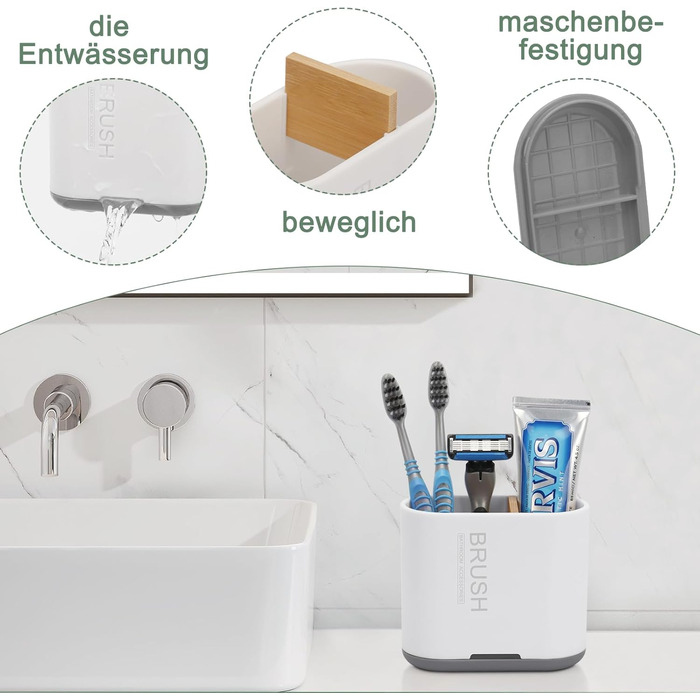Тримач для зубних щіток PARKMANI, тримач для електричних зубних щіток для органайзера для ванної кімнати, знімний органайзер для зубних щіток для ванної кімнати зі зливним отвором для сімї, дітей (білий)