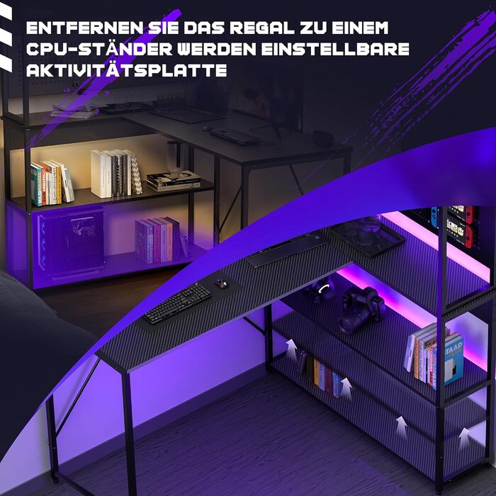 Г-подібний стіл Yansee, ігровий стіл з полицею, світлодіодне освітлення, порт зарядки USB, порт Type-C та розетка, кутовий стіл для домашнього офісу 120 x 50 x 75,5 см, чорний