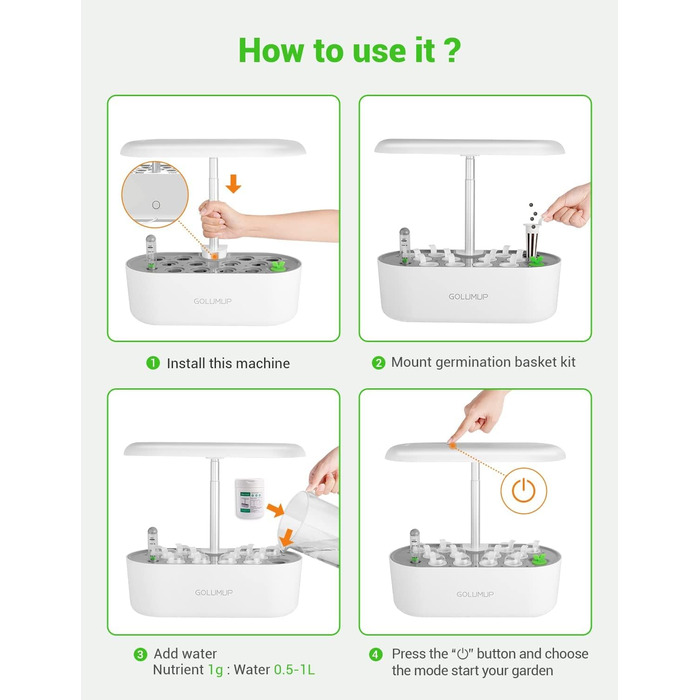 Гідропонна система вирощування GOLUMUP Розумний сад із автоматичним таймером, світлодіодною лампою для рослин 26 Вт і 12 стручками внутрішнього травяного саду, що регулюється по висоті до 50 см