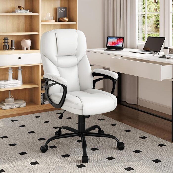 Офісне крісло Yaheetech, крісло керівника, ергономічне поворотне крісло з високою спинкою, комп&39ютерне крісло, зручне робоче крісло з регульованою висотою, офісне крісло зі штучної шкіри, піна високої щільності, функція гойдання, біле, біле, штучна шкір