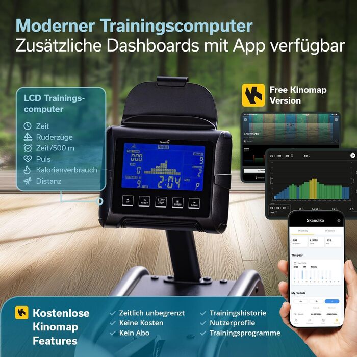 Гібридний гребний тренажер Skandika Nemo III Опір воді та магніту, 32 рівні електричного опору, 15 програм, до 200 см, сумісний із додатком, окремостоячий Водний гребний тренажер, домашнє фітнес-обладнання, дерев&39яний