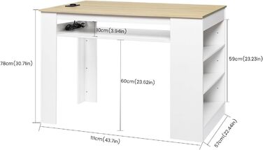 Багатофункціональний обідній стіл EGGREE з полицями для зберігання та розеткою - Кухонний стіл 110x60x78 см у дубовому декорі - Полиці з регульованою висотою, поверхня для зберігання, для невеликих приміщень у дубовому та білому кольорах