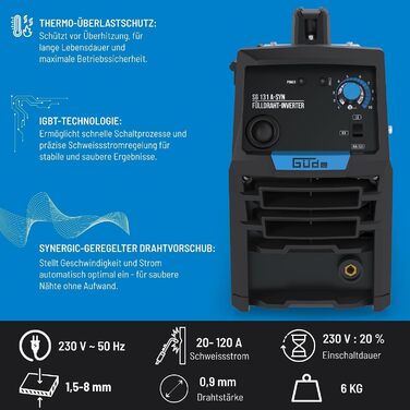 Зварювальний апарат напівавтомат Gde SG 131 A-SYN (20079) інверторний, 230 В, для дроту 0.9 мм, макс. струм 120 А, з маскою, пальником, дротом, щіткою, молотком та запасними соплами