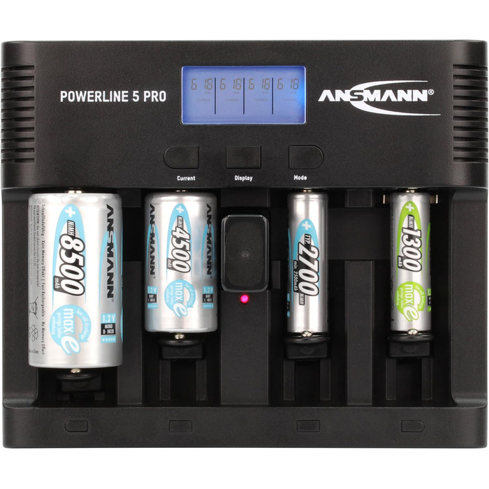 Універсальний зарядний пристрій ANSMANN Powerline 5 Pro AA, AAA, CD та 9V для акумуляторних батарей NiMh, NiCd з вилками для Великобританії, ЄС, США та Австралії та РК-дисплеєм, швидкий зарядний пристрій для заряджання та розряджання
