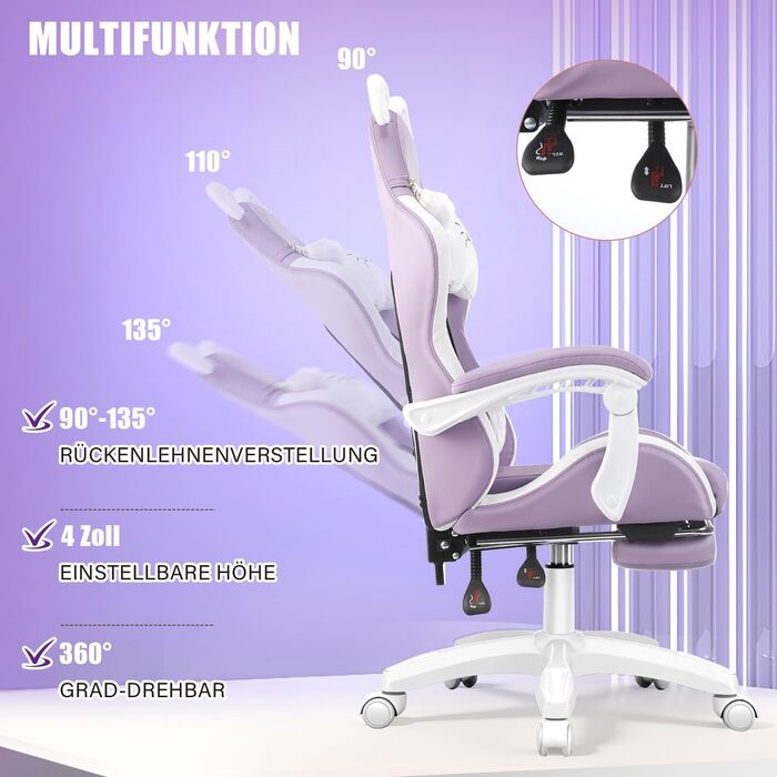 Ігрове крісло, Офісне крісло, Ігрове крісло, Ергономічне ігрове крісло з підставкою для ніг, поперековою опорою, підголівником та котячими вушками, М&39яке ігрове крісло, Обертове крісло для дівчаток, 135 кг, Фіолетовий