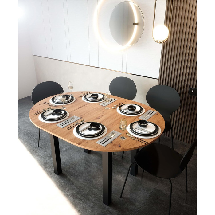 Круглий розкладний обідній стіл Newfurn 100140 см сучасний функціональний стіл з дикого дуба, скандинавський дизайн, стабільний та гнучкий для їдальні. Антрацит / Дикий дуб. Круглий 100-140 см.