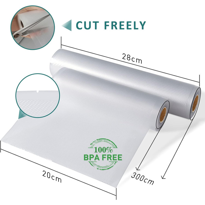 Вакуумні пакувальні пакети YISH Вакуумна плівка Вакуумні пакети Рулони харчової вакуумної плівки вакуумний мішок для рулонів плівки Sous Vide для вакуумного пакувальника 8 рулонів 20/28x300 см плівки, без BPA