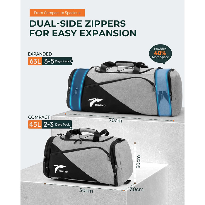 Спортивна сумка-рюкзак Tolaccea для чоловіків та жінок, велика розширювана спортивна сумка об&39ємом 45-63 л з відділенням для взуття, відділенням для вологих речей, відділенням для ноутбука, дорожня сумка, сумка для тренувань для спортзалу, подорожей, пл