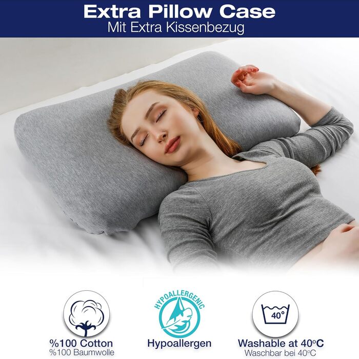 Подушка alkamto з піни з ефектом пам&39яті 70x45 см Ергономічна подушка для підтримки шиї Сертифіковано Oeko-Tex Терморегулюючий чохол Гіпоалергенна та придатна для прання Для сну на спині та на боці