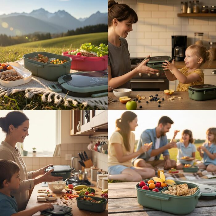 Преміум ланчбокс для дітей 1200 мл, двоповерховий, з 6 відділеннями, зелений (без BPA) контейнер для сніданків та перекусів з ложкою та виделкою ідеально підходить для дитячого садка та школи, можна мити в посудомийній машині, герметичний