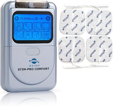 Апарат для терапії болю axion TENS STIM-PRO Comfort - 4 шт. 5х5 см електродні подушечки Пристрій для стимуляційного струму для терапії болю, наприклад, при остеоартриті, артриті, шиї, спині, суглобах Сертифікація. Медичний виріб 1) STIM-PRO Комфорт