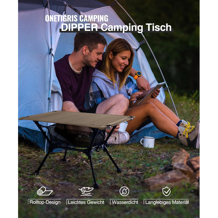 Складаний кемпінговий стіл OneTigris Dipper, складаний кемпінговий стіл з сумкою для перенесення та сітчастою кишенею, маленький надлегкий вуличний стіл для риболовлі та походів, 60 x 40 x 37 см, колір койот коричневий