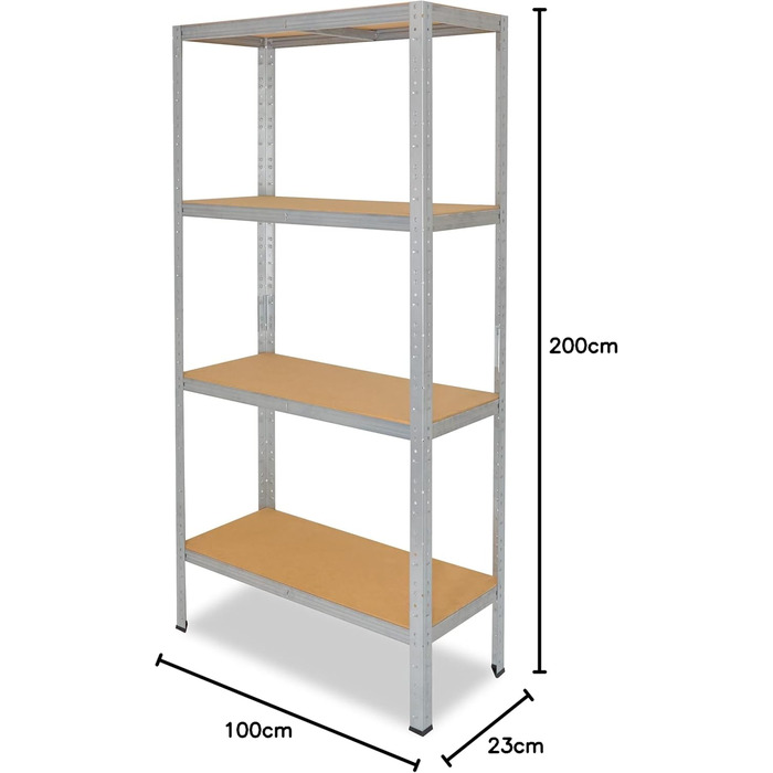 Міцний домашній стелаж, оцинкований/металевий стелаж з 4 полицями/металевий стелаж для підвалу, гаражний стелаж, стелаж для майстерні або стелаж для зберігання/змішаний металевий стелаж з вантажопідйомністю 175 кг В 200 см / Ш 100 см / Г 23 см, 200x100x23