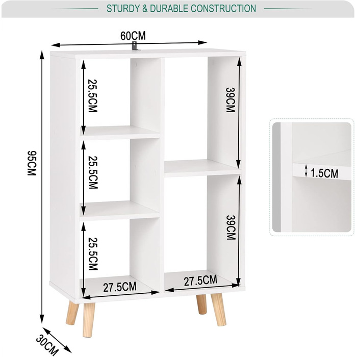 Книжкова полиця WOLTU, кімнатна перегородка, окремостояча полиця білого кольору, полиця для зберігання речей для вітальні, спальні, офісу, виготовлена з інженерної деревини, з ніжками з масиву дерева, 60x95x30 см, SK011ws