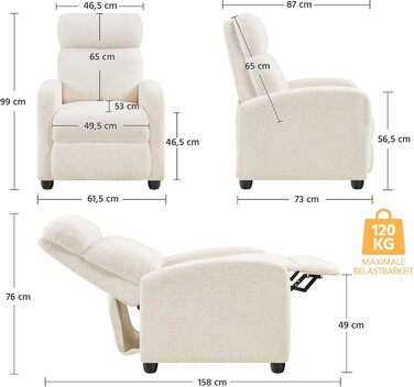 Крісло для відпочинку Yaheetech, крісло для телевізора, одномісний диван, реклайнер з регульованою підставкою для ніг, крісло для відпочинку з тканини букле, кольору слонової кістки.