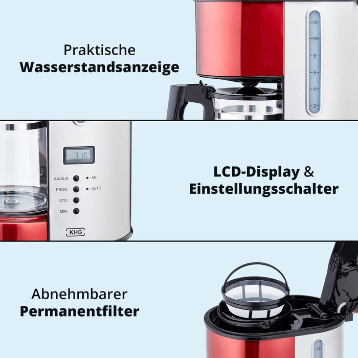 Набір для сніданку KHG Чайник, тостер і кавоварка червоного кольору, нержавіюча сталь металева хромована, ємність 1,7 л, 2 скибочки тостів і 12 чашок кави, світлові індикатори, індикатори рівня води, постійний комплект фільтрів з тостером і кавоваркою
