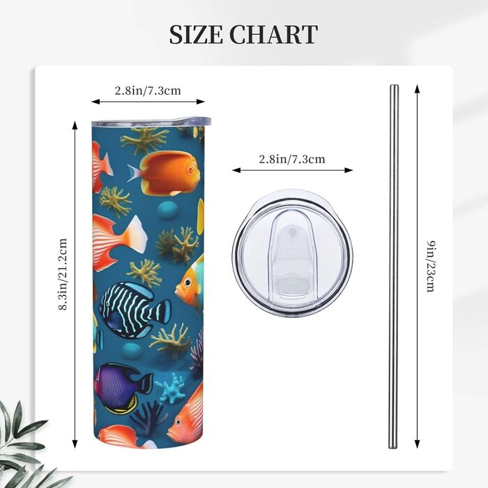 Кухоль з прямою трубочкою, дизайн підводна рифова риба, принт, дорожній кухоль, підходить для кемпінгу, офісу та дому, 590 мл