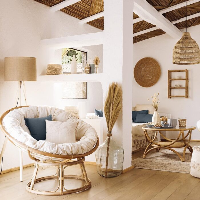 Дизайнер інтер&39єру Atmosphera Крісло Seram з ротанга Зручне крісло Papasan з подушкою Для використання в приміщенні та на вулиці Садові меблі, Тераса, Балкон, Вітальня, 1 місце, Бежевий