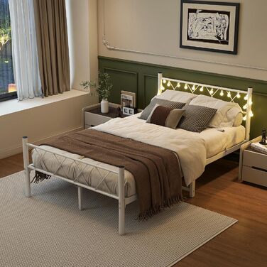 Каркас ліжка HOJINLINERO 120x200 з підсвічуванням, Ліжко 120x200 з рейковою основою, Металевий каркас ліжка, Металеве двоспальне ліжко, Гостьове ліжко, Дитяче ліжко з місцем для зберігання під ліжком для спальні, Біле