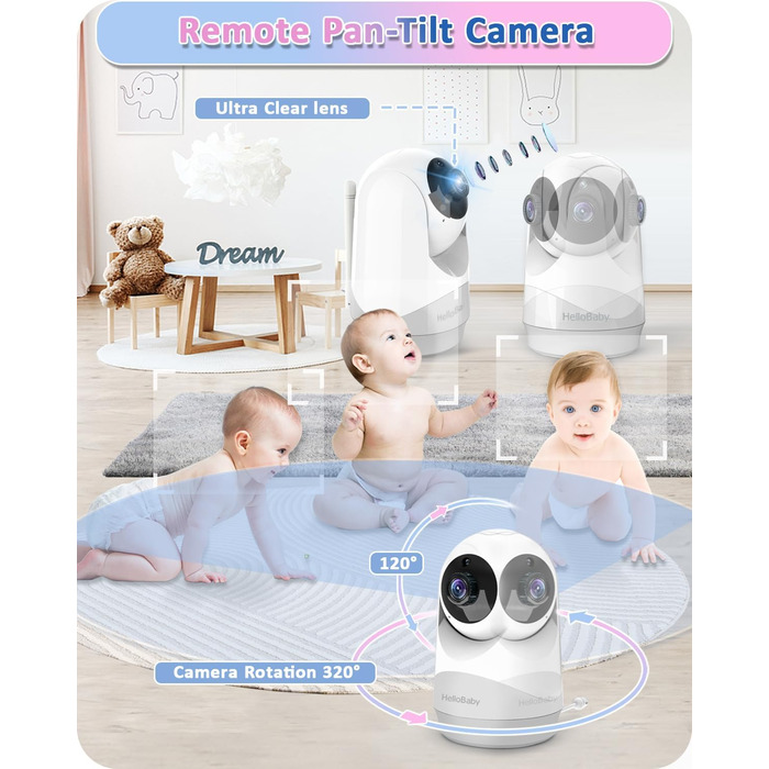 Монітор для дітей HelloBaby з камерою, 29 годин роботи від батареї, монітор для дітей 355/120 з камерою з поворотом і нахилом із д