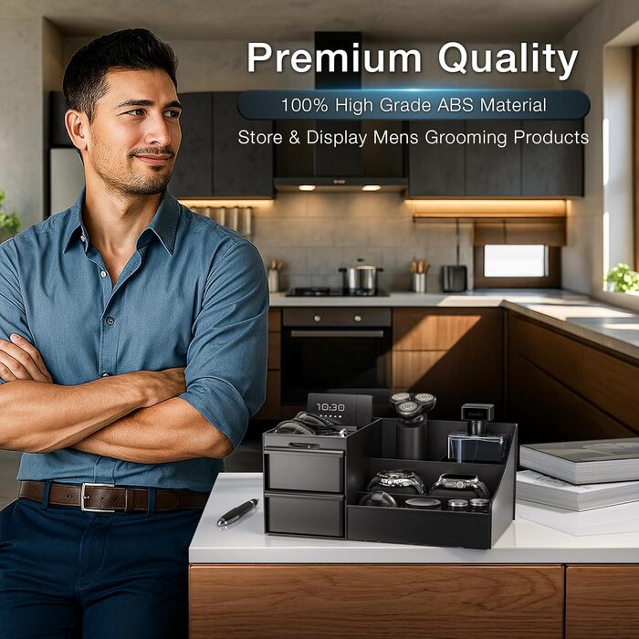 Чорний косметичний органайзер для чоловіків, органайзер для туалетного столика з шухлядами, місце для зберігання косметики та одеколону, скринька для ванної кімнати та спальні (матово-чорний)