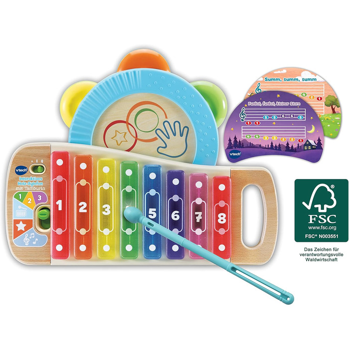 Інтерактивний дерев'яний ксилофон VTech Baby з бубном - музична іграшка, що світиться, виготовлена з 100 деревини FSC, для дітей віком від 1,5 до 4 років (Мова німецька)
