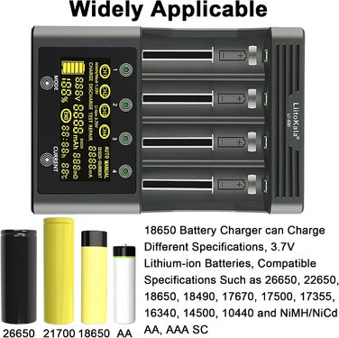 Швидкий зарядний пристрій Liitokala Lii-600 з РК-дисплеєм та сенсорним керуванням, 4-слотовий швидкий зарядний пристрій для акумуляторів 18650 з адаптером 12V 5A для Li-Ion/Ni-MH/Ni-Cd 14500 21700 AA AAA тощо.