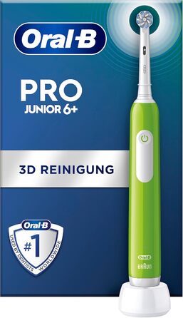 Електрична зубна щітка Oral-B Pro Junior для дітей віком від 6 років, датчик тиску, 3 режими чищення, включаючи чутливу для догляду за зубами, мяка щетина та таймер, розроблений Braun, зелений